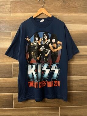 Vintage 2011 Kiss Lost Cities Tour Band Tee Navy Blue T Shirt Size XL 2000s
